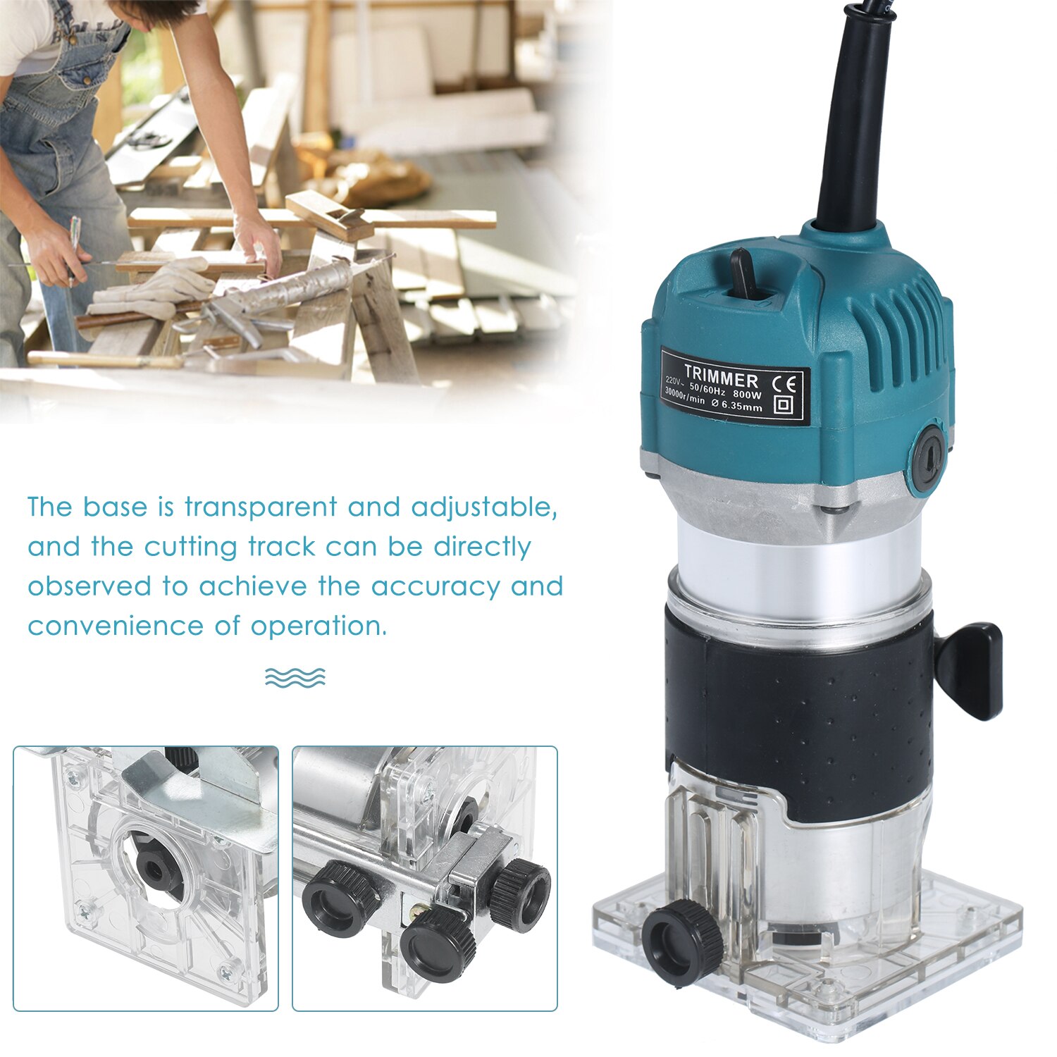 800W Trimmer Router 30000r/min Electric Trimmer Compact Router with Transparent Edge Wood Laminate for Woodworking Trimming