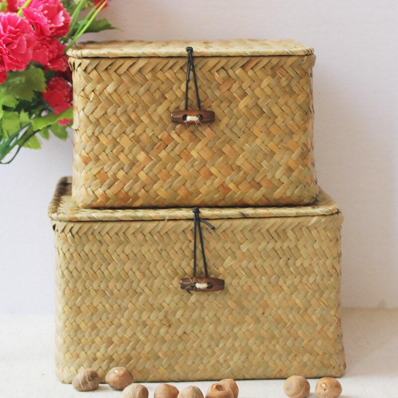 Opbergdoos Zeegras Rotan Rechthoekige Mand Deksel Keuken Fruit Groente Weven Case Slaapkamer Huishoudelijke Thuis Leveringen