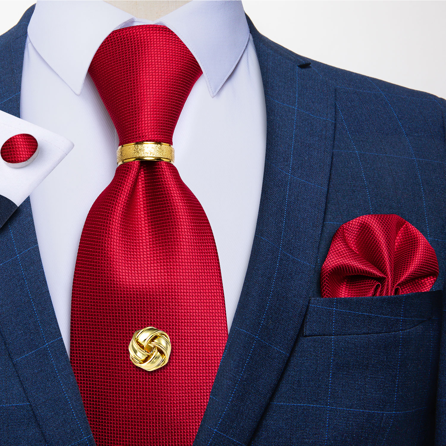Corbatas de poliéster de Cachemira roja para hombre, 5 uds., con lazo de Metal de Color dorado, pañuelo, gemelos, boda de lujo, graduación, corbata de 8cm: Plata