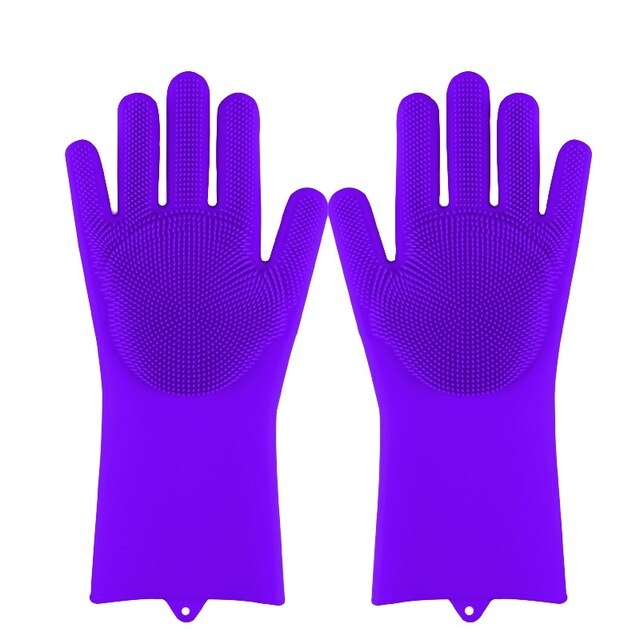 1 paire Silicone vaisselle lavage gant avec brosse de nettoyage cuisine ménage lavage gant 100% alimentaire vaisselle gants: Purple-1 pair / Regular version