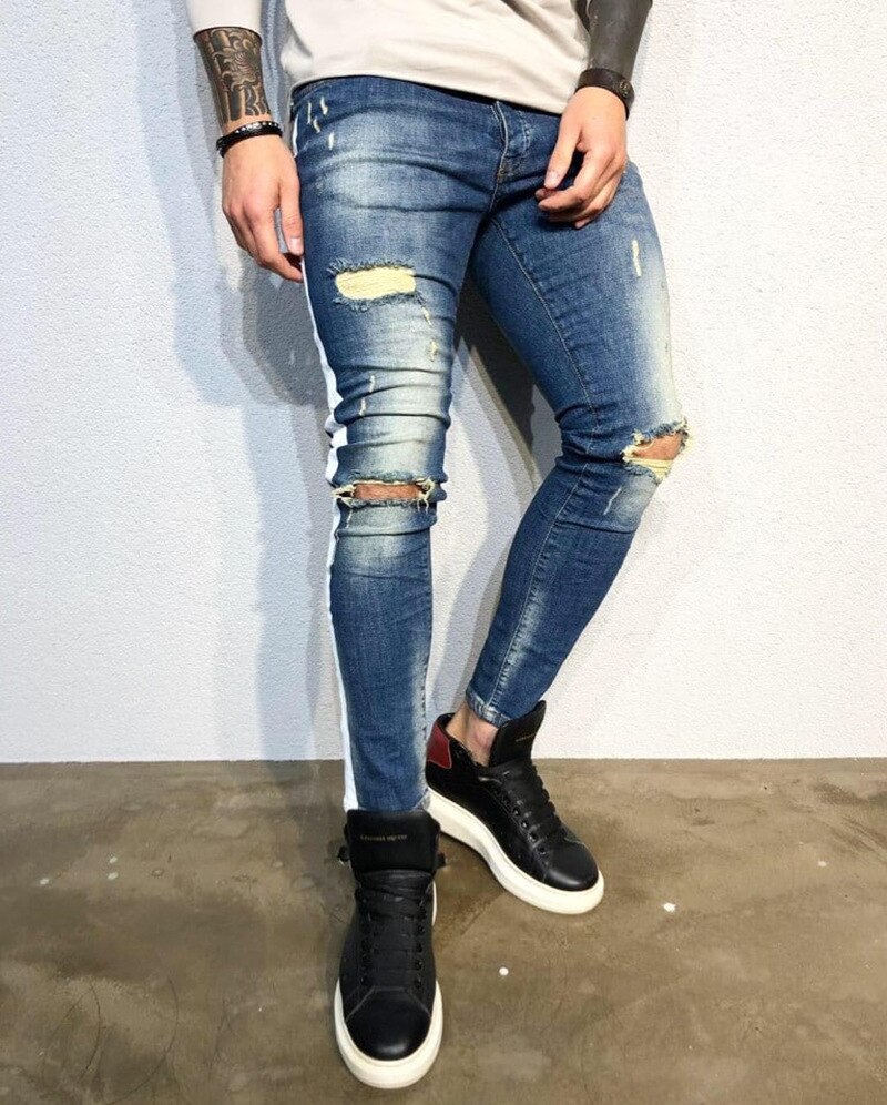 Men's Skinny Ripped Denim Destroyed Cool Comfy Stretch Stripe Trim Pants Fit Plus Size: XXL