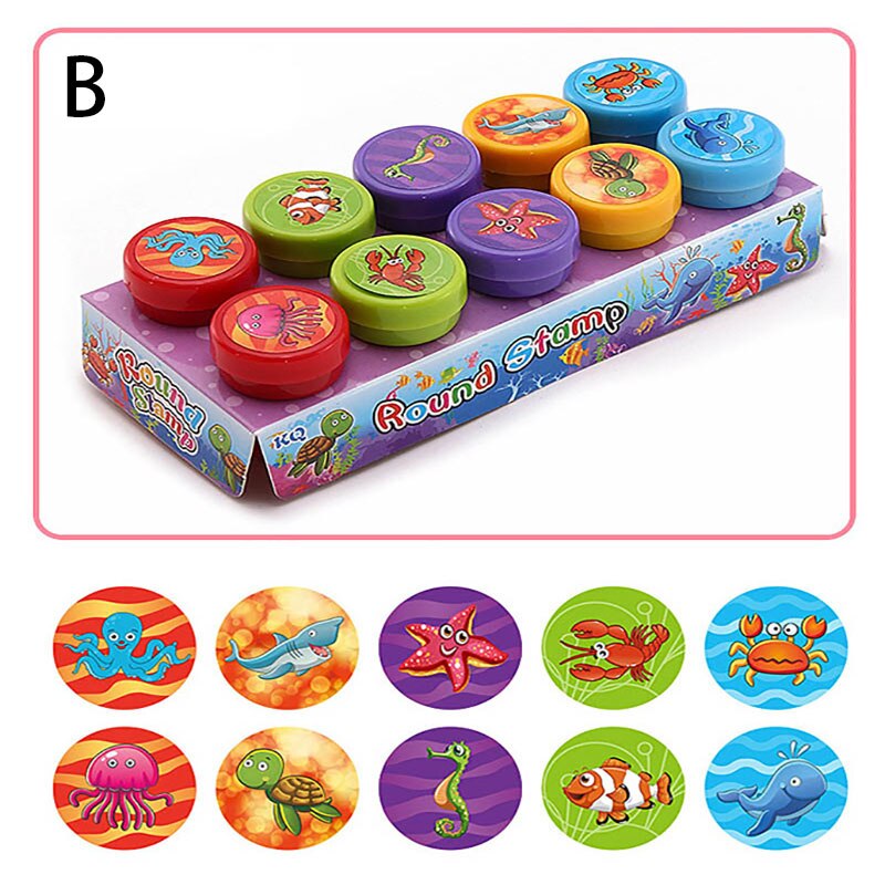 Set de 10 sellos de dibujos animados para niños, sellos de animales, frutas, tráfico, sonrisa, sello para álbum de recortes
