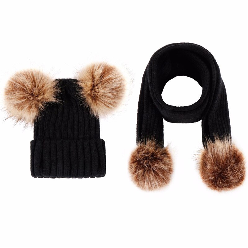 Leuke gebreide kinderen hoed met een sjaal dubbele bal faux fur hoeden sjaals set winter accessoires voor baby sjaal muts kids: 8