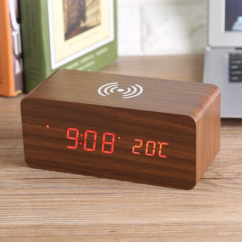 Wooden Clock Voice Control Silence Electronic Clock Wireless Charger Wooden LED Alarm Clock Sound Control Time Date Temperature