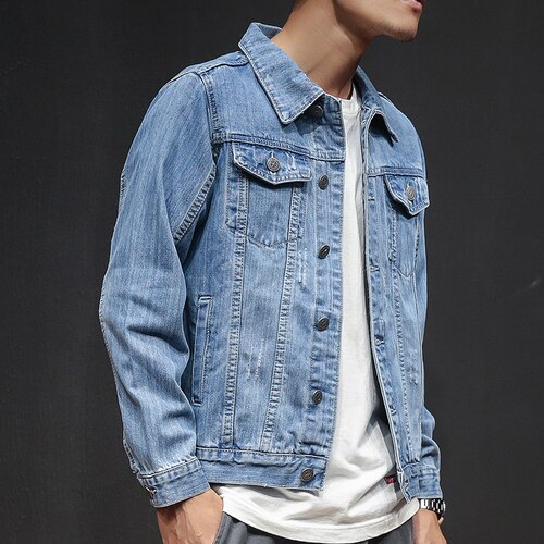 Distressed Blue Denim Jacket men Autumn Ripped Jeans Coat Male Slim Fit Casual Coats Solid Simple Plus Size 3XL Top: light blue / Asia XXL 68 to 73kg