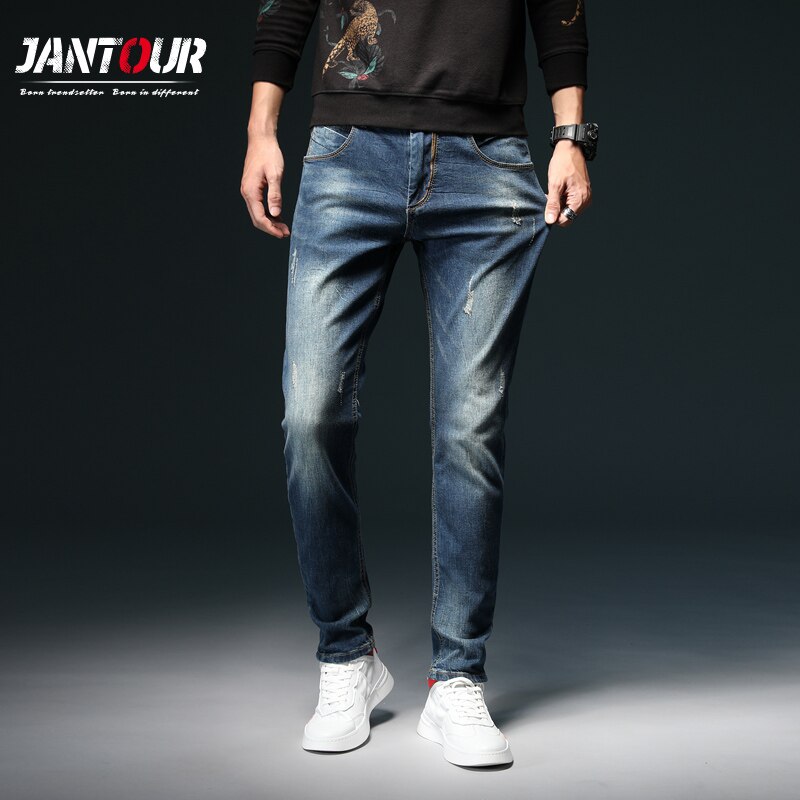 Brand Autumn winter Men's Slim Elastic Retro Jeans Italy Classic Style Jeans Denim Pants Trousers Male Pants