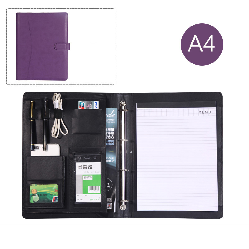 PU artificial leather folder ring binder a4 portfolio for documents padfolio briefcase with notebook cellphone holder 1210C: purple A style