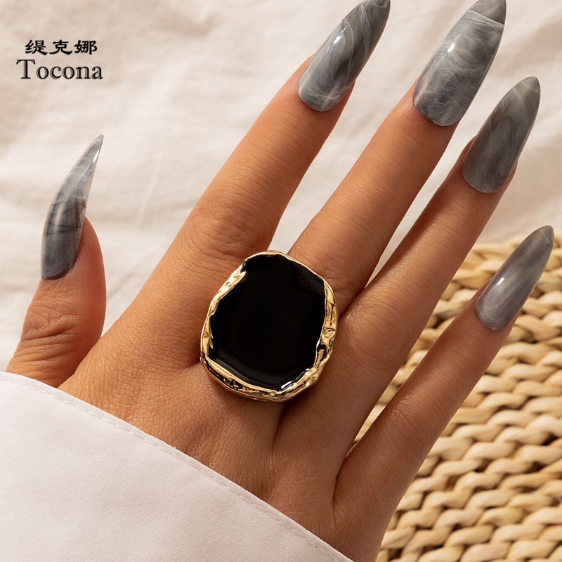 Tocona Bohemian Black Stone Gold Ring Voor Vrouwen Mannen Charms Druipend Olie Grote Joint Ring Gothic Sieraden Accessoires Кольца 16916