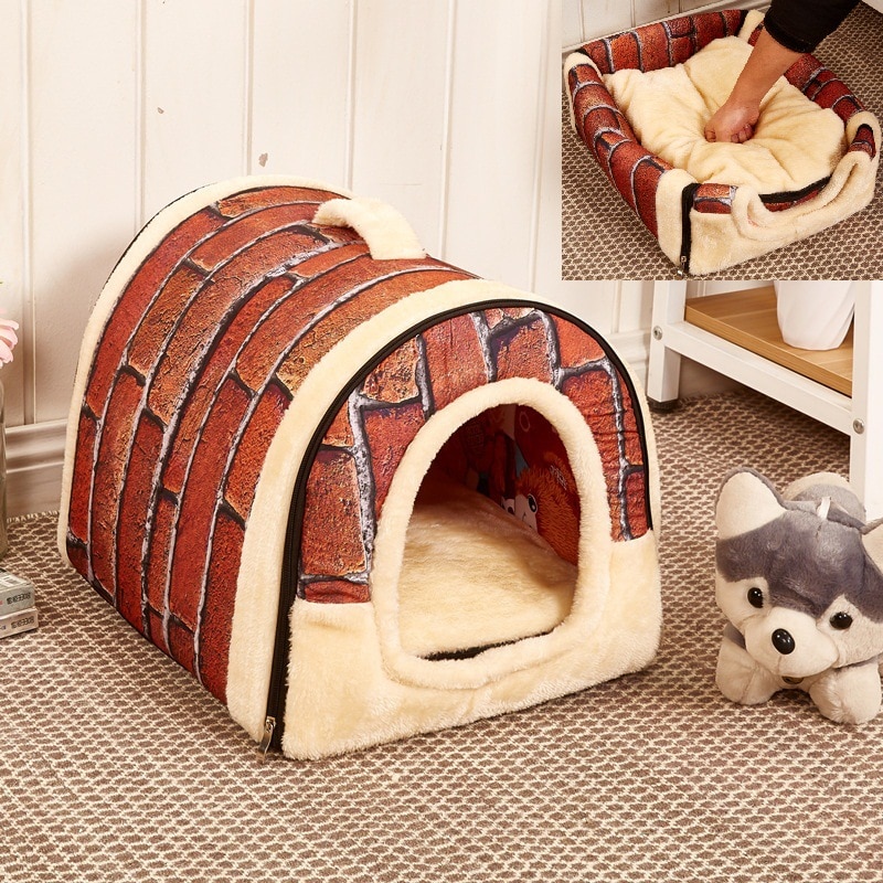 Hund varmt hus aftageligt vaskbart kæledyr hundehus til kat foldbar soveseng lille hvalp top foldbart hus: Vintage vægfliser / 60 x 45 x 45cm