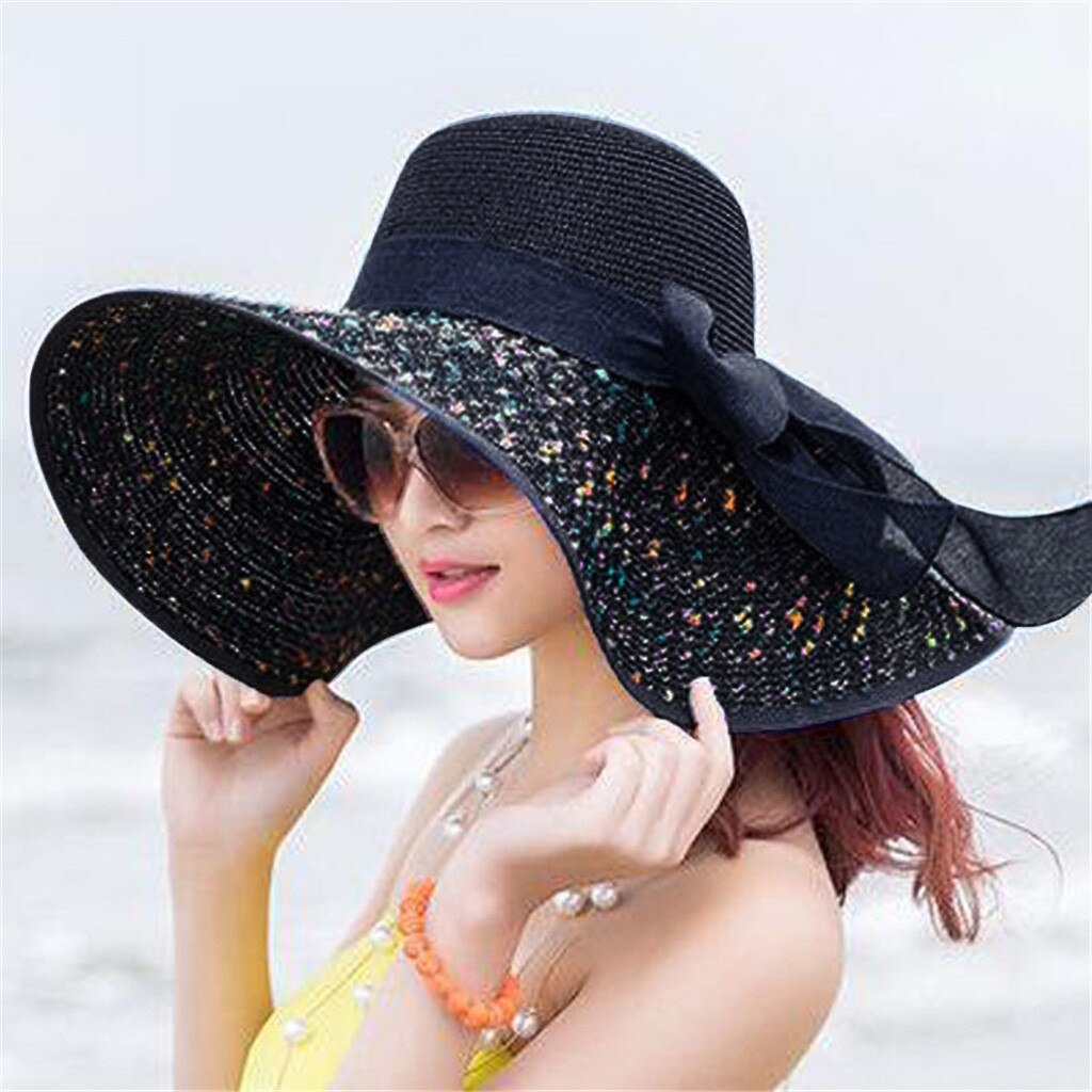Women Colorful Big Brim Straw Hat Sun Floppy Wide Brim Hats Bowknot Folding Beach Cap Leopard Print women Summer hat: E