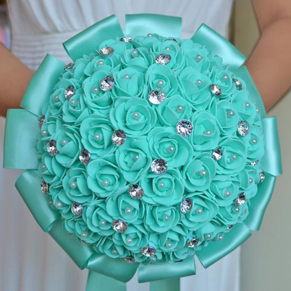 Ramo de flores artificiales para dama de honor, hermoso ramo de flores de boda, blanco, marfil, azul, rojo, cristal, ramos de novia