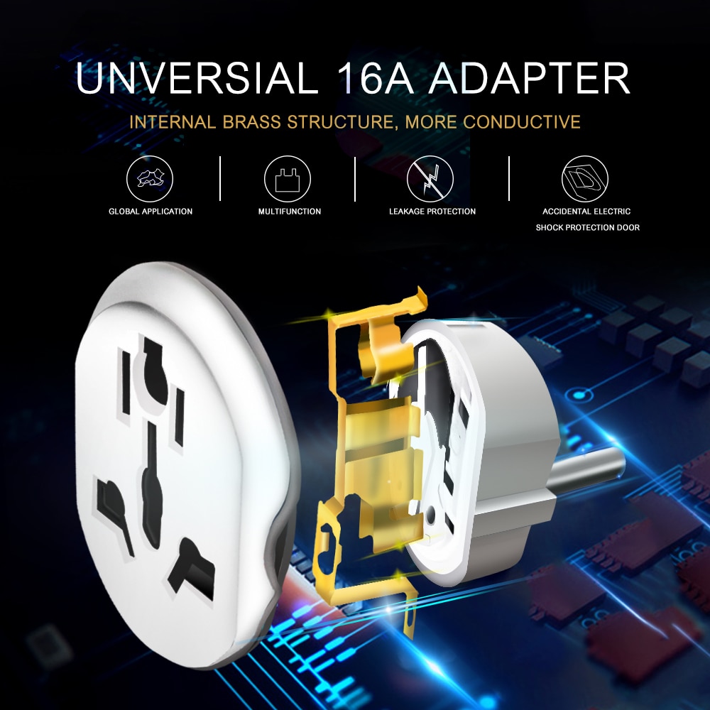 Universal AUKTION 16A Euro converter Plug 2Round Pin Socket AU US UK CN Plug To EU Wall Plug AC 250V Travel Adapter