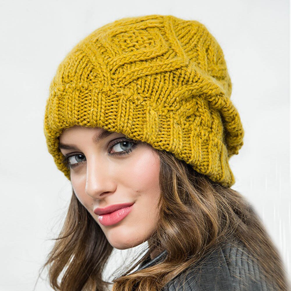 Gorro de punto para mujer, tejido elástico, suave y grueso, para la nieve: YELLOW