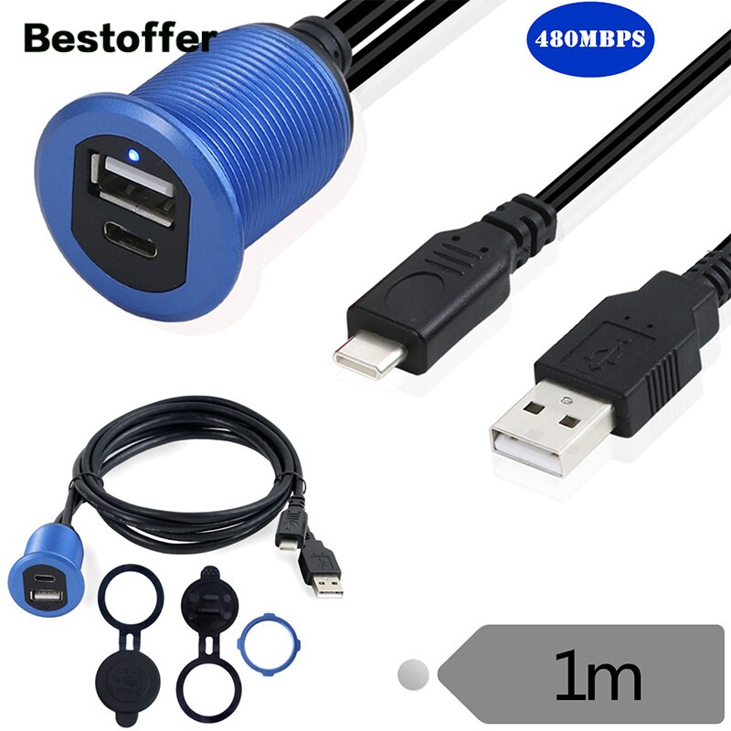 1 Meter Led Licht Type-C 2.0 Naar Usb 2.0 Man-vrouw Aux Auto Mount Flush Waterdichte Kabel: Blue