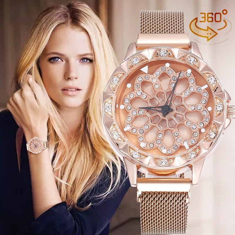Lucky Women Wrist Watches Rose Gold Rotating Flower Watches relogio feminino Diamond Magnetic Quartz Clock