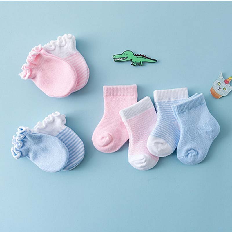 Cotton Infant Baby Socks +Lace Anti-Scratch Gloves Socks Blue /Pink 4pair (two Pairs Gloves Two Pairs Socks) F