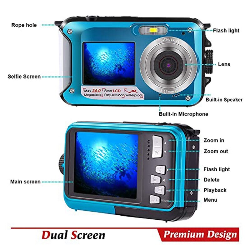 Digital Camera 24MP Dual-Sn Waterproof HD Digital Camera Outdoor 16X Zoom Camera