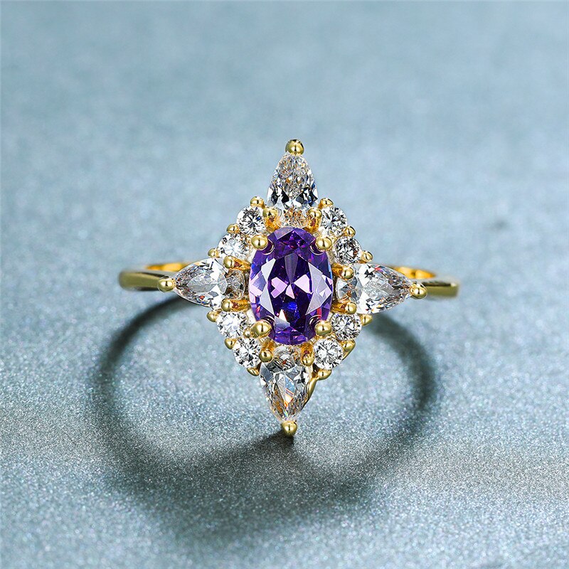 Female Crystal Purple Oval Ring Cute Yellow Gold Thin Wedding Rings For Women Bridal Geometric Engagement Ring