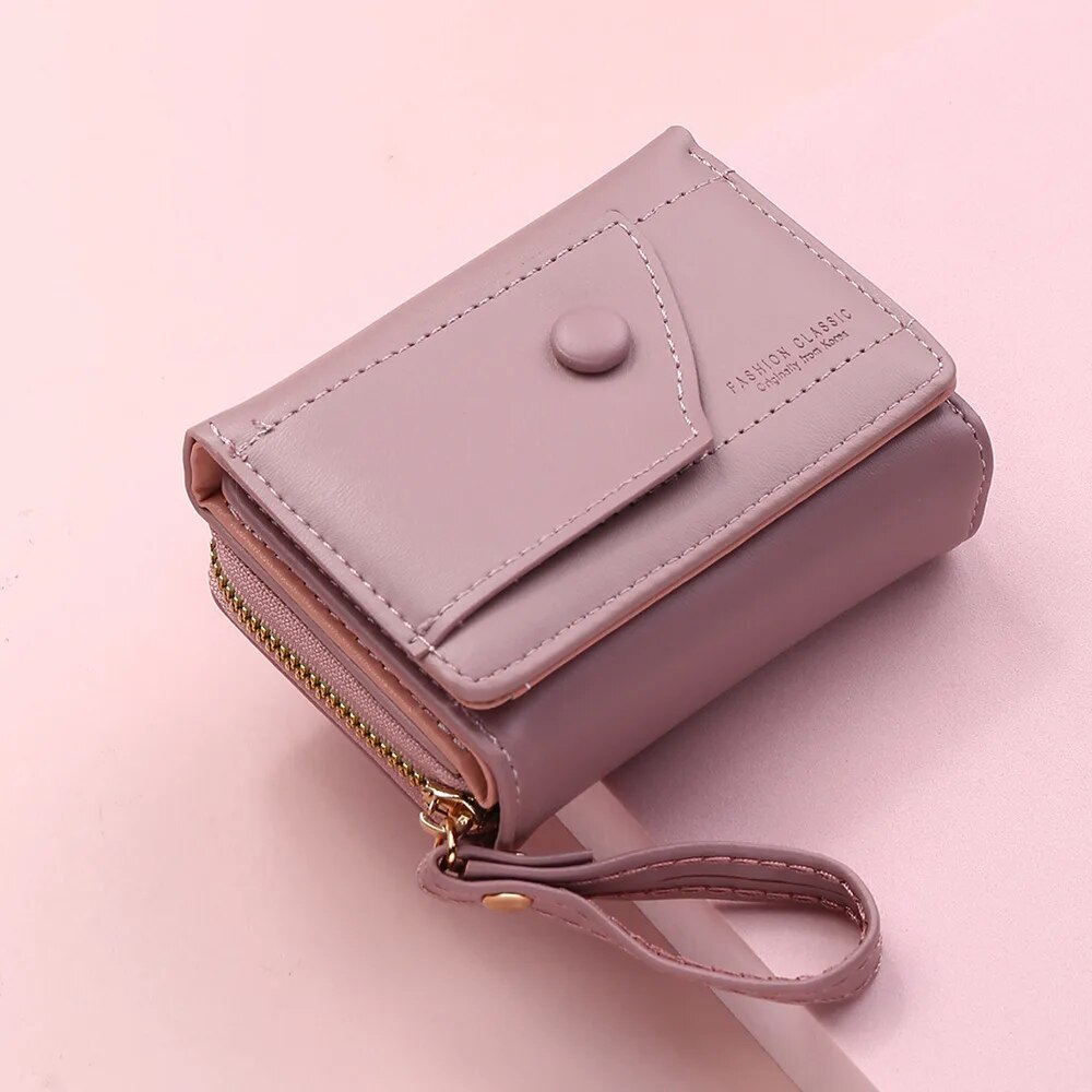 Four Seasons Women's Short Wallet Zipper Tower Buckle Zero Wallet Girl Student Handheld Bag Solid Color Simple Versatile: PURPLE