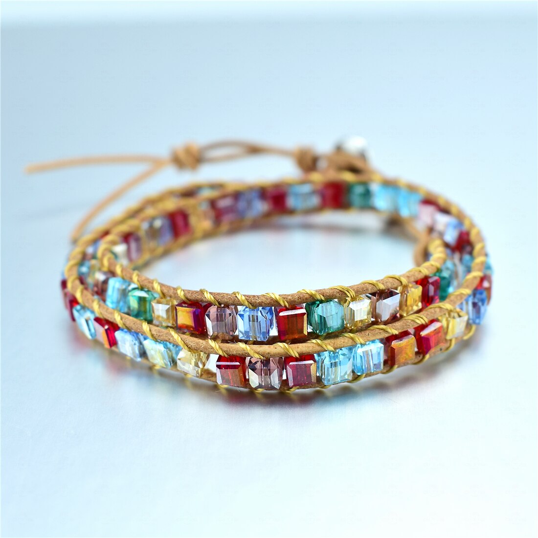 Rainbow Crystal Beads Weaving Handmade Friendship Bracelet Crystal Boho Couple 1 2 3 Wrap Bracelet 7 Chakras Jewelry: Brown leather 2 wrap