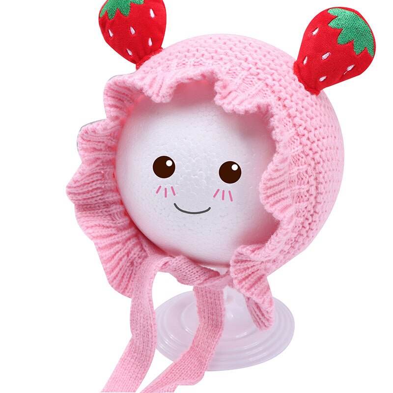 Kids Baby Gebreide Muts Meisjes Leuke Aardbei Baby Katoen Warm Verstelbare Riem Gebreide Fruit Patroon Hoed: Roze