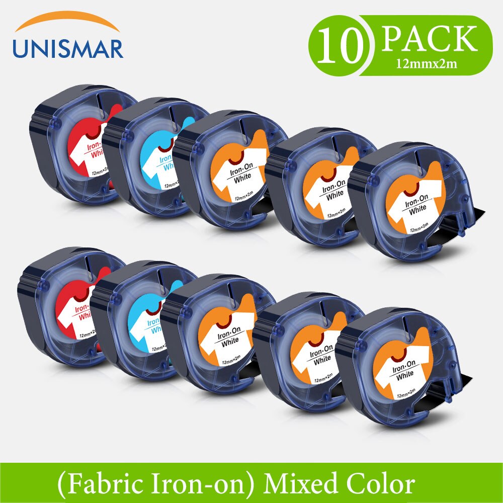 Unismar Fabric Iron-On Label Tape - 12mm x 2m - Compatible with Dymo LetraTag Printers: 10PK Mixed Color