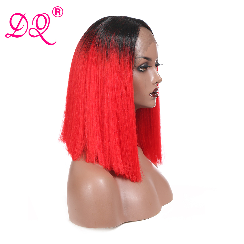 Dq Rechte Synthetische Lace Front Pruik Cosplay Pruik Korte Bob Pruik Ombre Rode Pruik Voor Vrouwen Midden Deel Hittebestendige 14 Inch Pruik