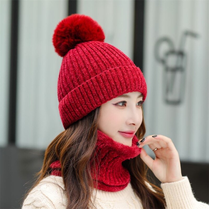 Autumn Winter Chenille Cute Beanies Hat Bib Sets Women Velvet Thick Knitted Hats Windproof Cycling Wool Knitting Caps: Burgundy