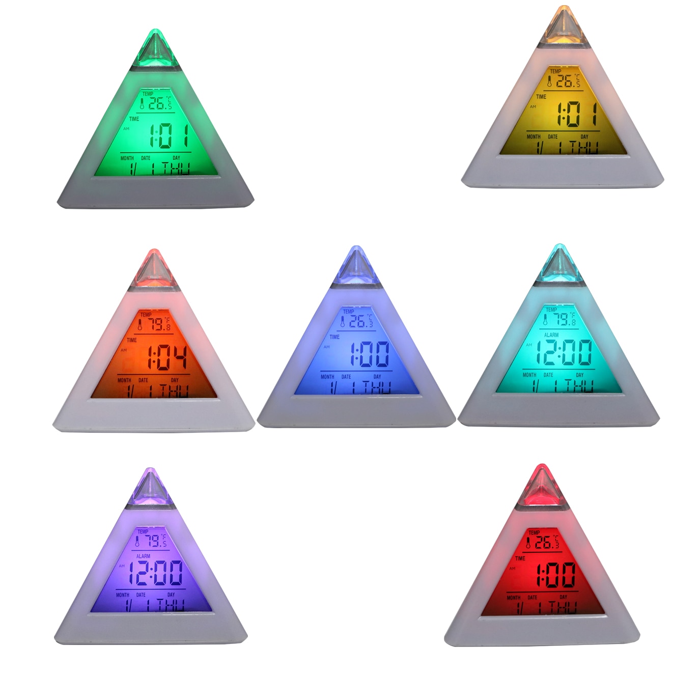 Digitale Wekker Thermometer Backlight Veranderen Klok Eeuwigdurende Kalender Kleurrijke Cone Piramide Stijl Woondecoratie Willekeurige