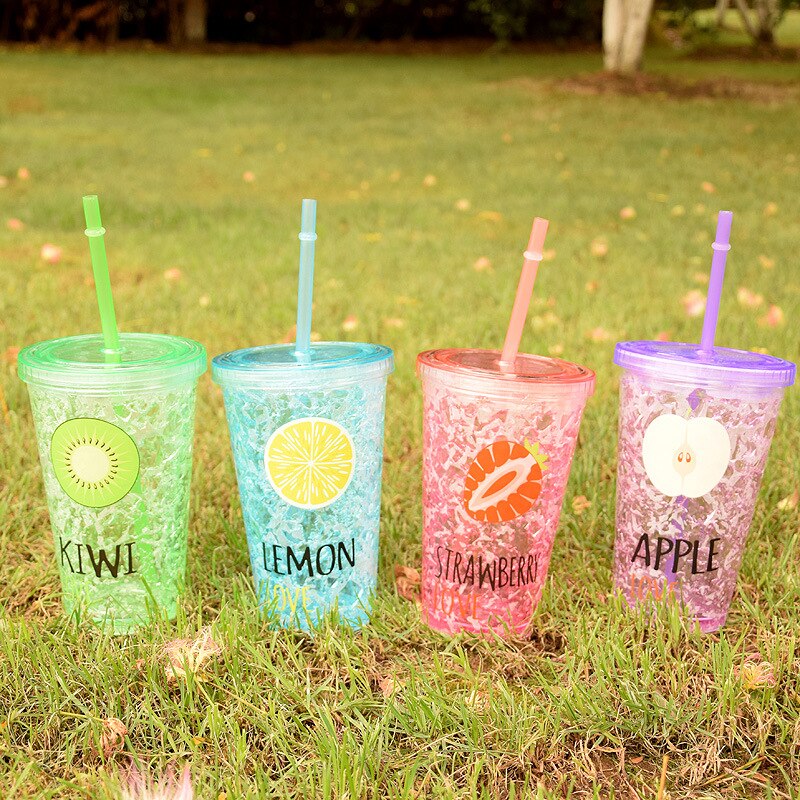 Summer Ice Cup Double Plastic Ice Cup Straw Fruit Cup Cold Cold Ice Cup Custom
