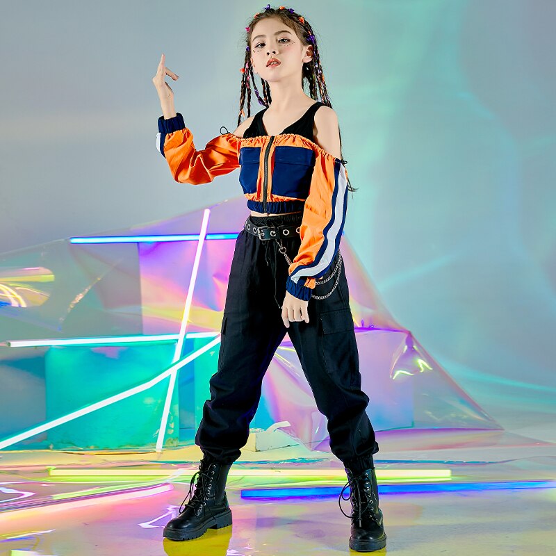 Ballroom Hip Hop Dance Costumes For Kids Long Sleeve Tops Black Loose Pants Girls Jazz Street Dance Wear Rave Clothes DN7178