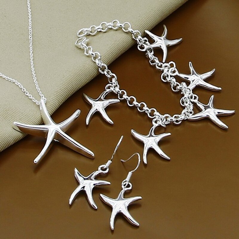 925 Sterling Silver Jewerly Set Lucky Star Necklace Bracelet Earrings Set