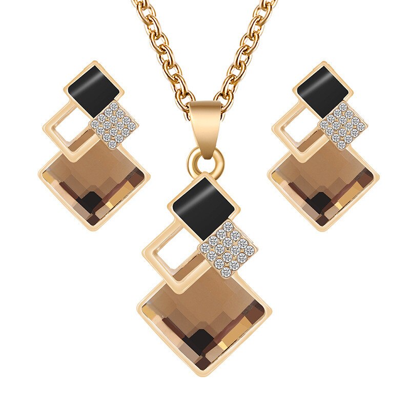 Conjunto de collar y pendientes con colgantes de cristal para mujer, conjunto de joyería nupcial, pendientes y collares de boda: Gold Yellow