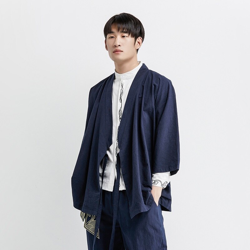 Japanese kimono cardigan men haori yukata male samurai costume clothing kimono jacket mens kimono shirt yukata haori KZ2033: 2 / L
