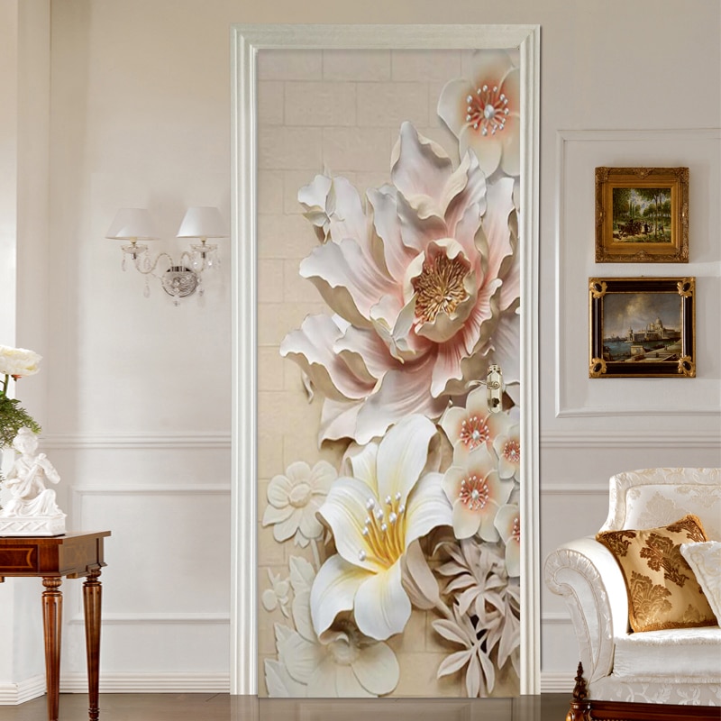 Door Sticker 3D Embossed Flowers Wallpaper PVC Self-Adhesive Living Room Hotel Door Decals Home Decor Vinyl Mural Wall Stickers