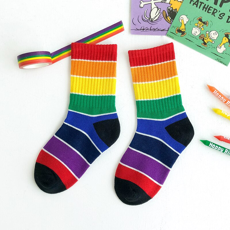 Kids Knee High Rainbow Socks Spring Summer Toddler Child Girls Boys Cotton White School Socks Stripe Long Sock Baby Accessories: 3 / L(6-8 years old)