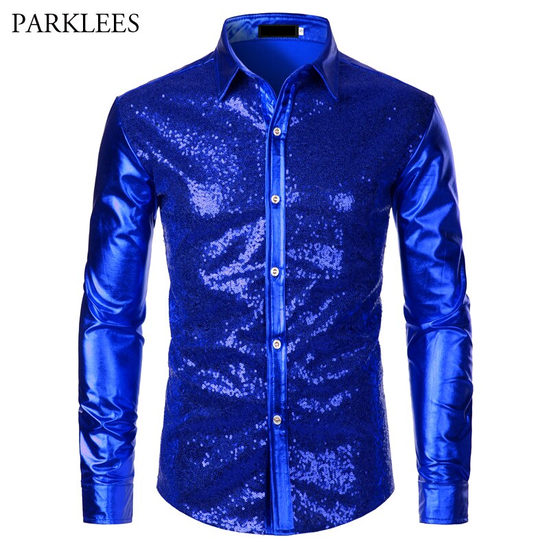 Camisas de escenario de plata metálica para hombre, ropa con lentejuelas embellecidas, Camisa Social para hombres, ropa Masculina para discoteca: Royal blue / USA XL