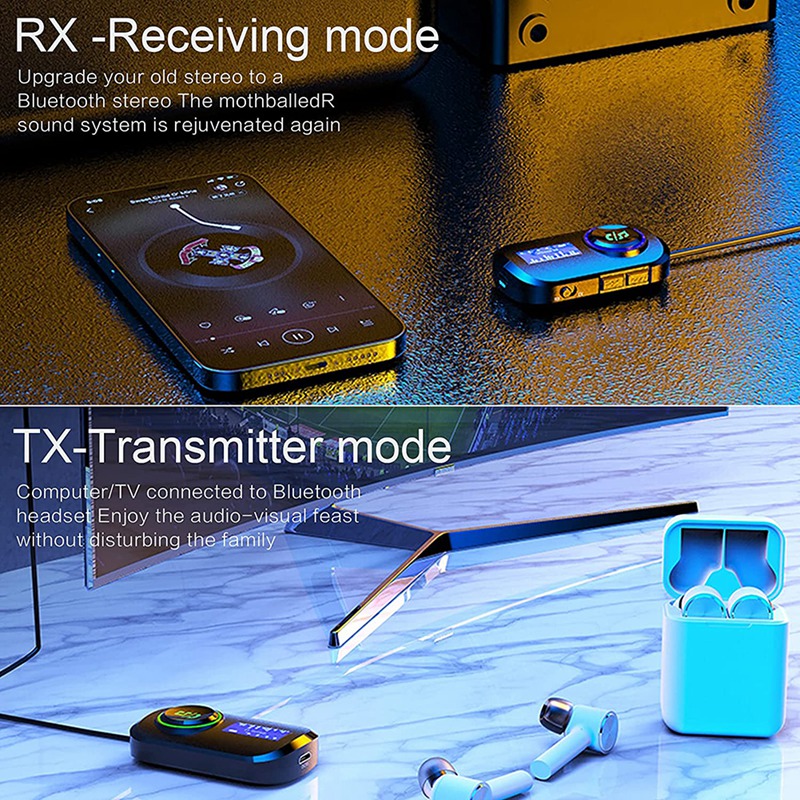 Bluetooth 5.0 Transmitter And Receiver With Digital Display Screen,Handsfree Calls,3D Surround Sound For Car Home Stereo