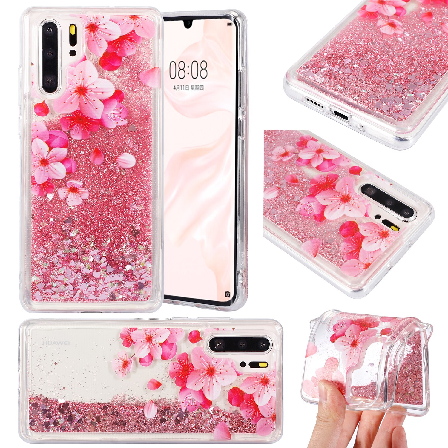 For Huawei P30 Pro Glitter Case Peach Blossom Dynamic Liquid Quicksand Case For Huawei P20 Mate 20 Lite Mate20X Nova 5 5i 4
