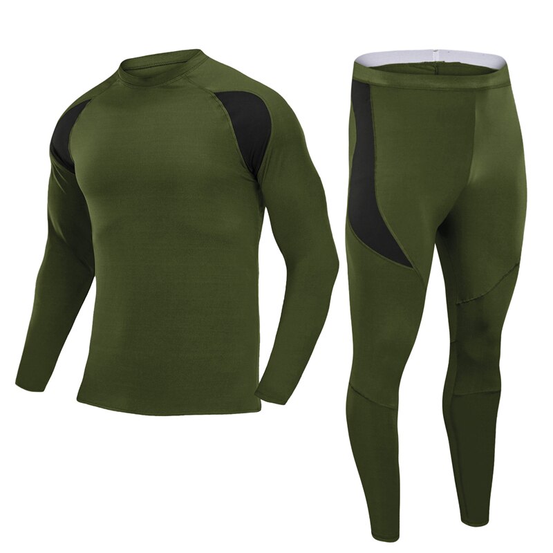 Baselag vinter cykel undertøj sæt kompression fleece stretch tights lange johns quick dry sportstøj fitness undertøj: Militærgrøn / Xl
