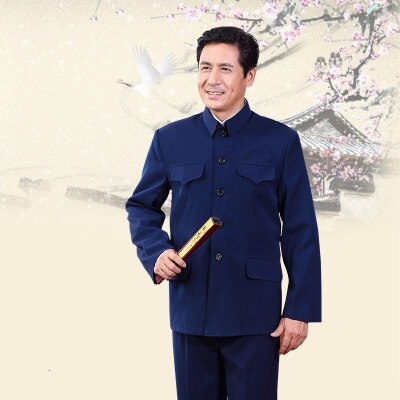 Man Classic Chinese Tunic Suit Retro Oriental Casual Slim Jacket+Pants Mandarin Collar Business Suit Solid Zhongshan Set: Navy / 170