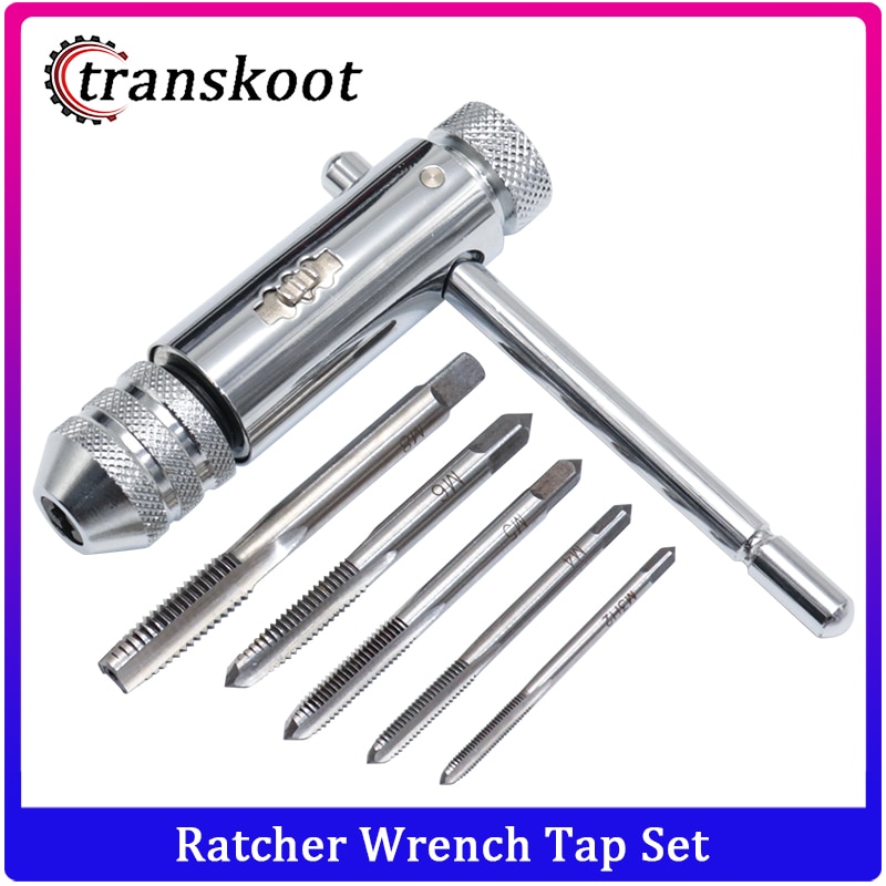 Adjustable T-Handle Ratchet Tap Holder Wrench + 5pcs M3-M8 Machine Screw Thread Metric Plug Tap