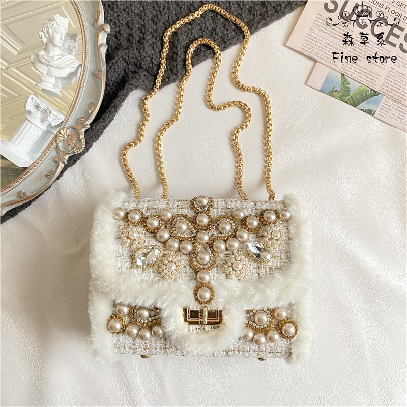 Luxus Perlen Pelz Umhängetaschen für Frauen Winter Handtaschen Bling Strass Diamant Damen Abend Party Mini Tasche: Ursprünglich Titel