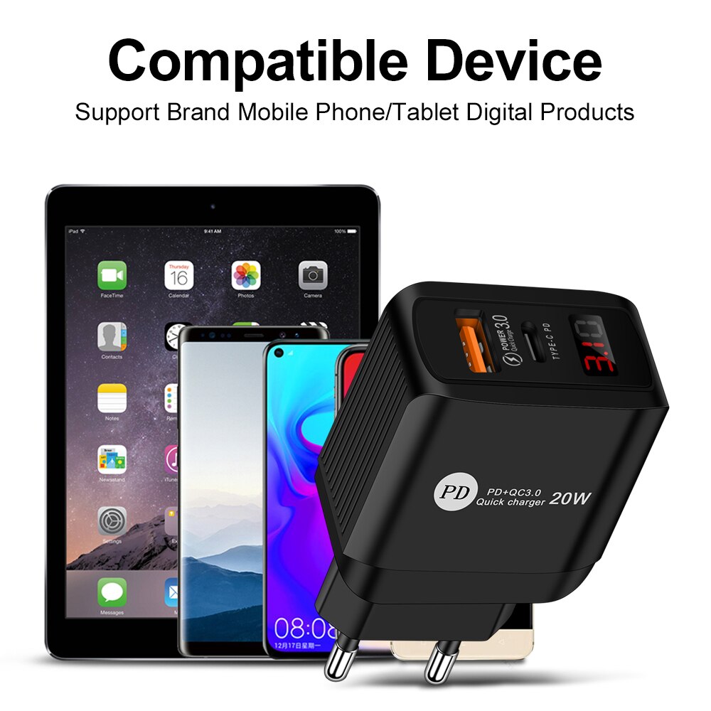 Usb Type C Lader Voor Iphone Huawei Samsung Xiaomi 20W Quick Charge 3.0 Qc Pd USB-C Digitale Display Snelle charg Usb Charger