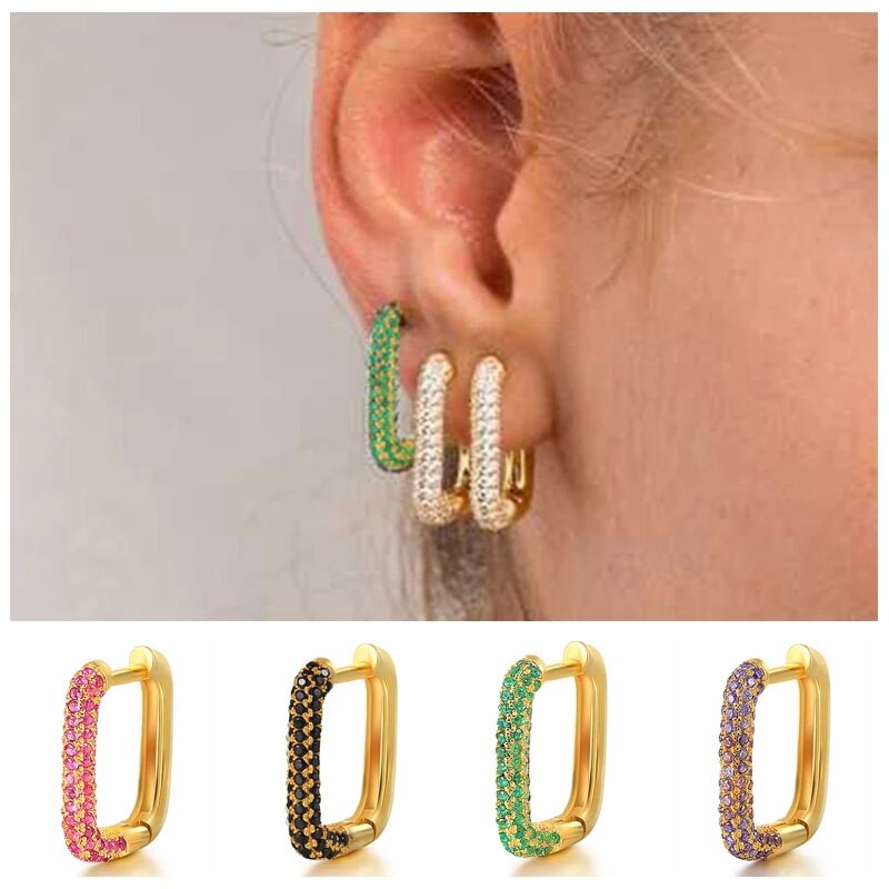 Aide Goud Kleur Zilver Kleur Diamant Goud Hoepel Oorbellen Voor Vrouwen Zirconia Jeweled Geometrische Rechthoek Earring 1 Stuk