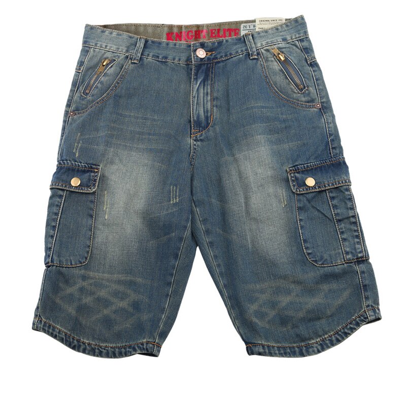 Sommer denim cargo shorts til mænd lynlåse flere store lommer lige bomuld casual jeans shorts korte cargo jeans: 32