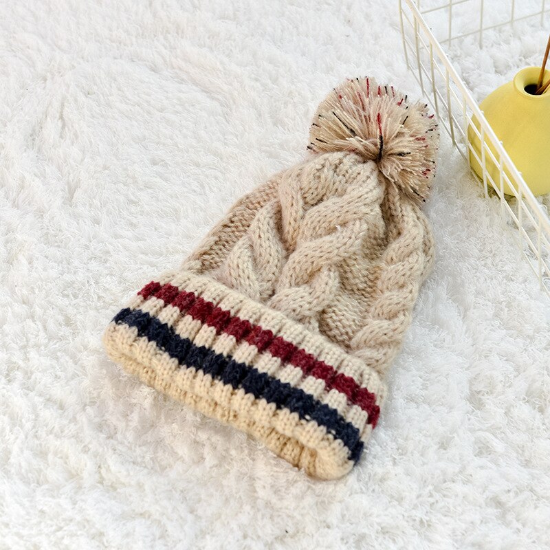 Winter warm Korean Hats for women striped woolen hat thickening plus pompon ball cap outdoor hemp pattern knitted hat