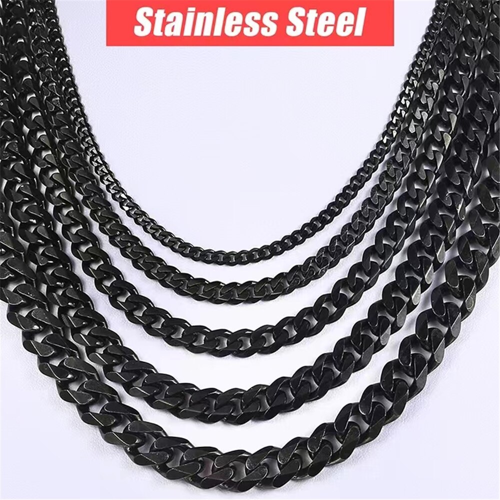 USENSET Cuban Link Chain Black Color Stainless Steel Necklace Tone Punk Charm Jewelry 3MM 5MM 7MM