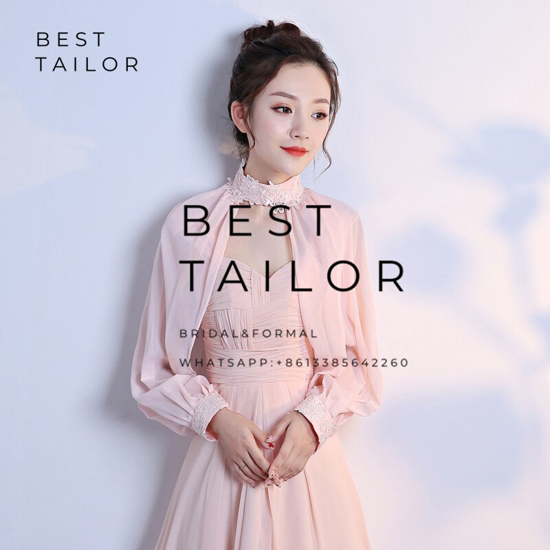 Kleuren beschikbaar! ivoor chiffon bruidsjassen bolero bruidsmeisjesjurken hoge hals split lange mouwen bruiloft accessoires: Roze