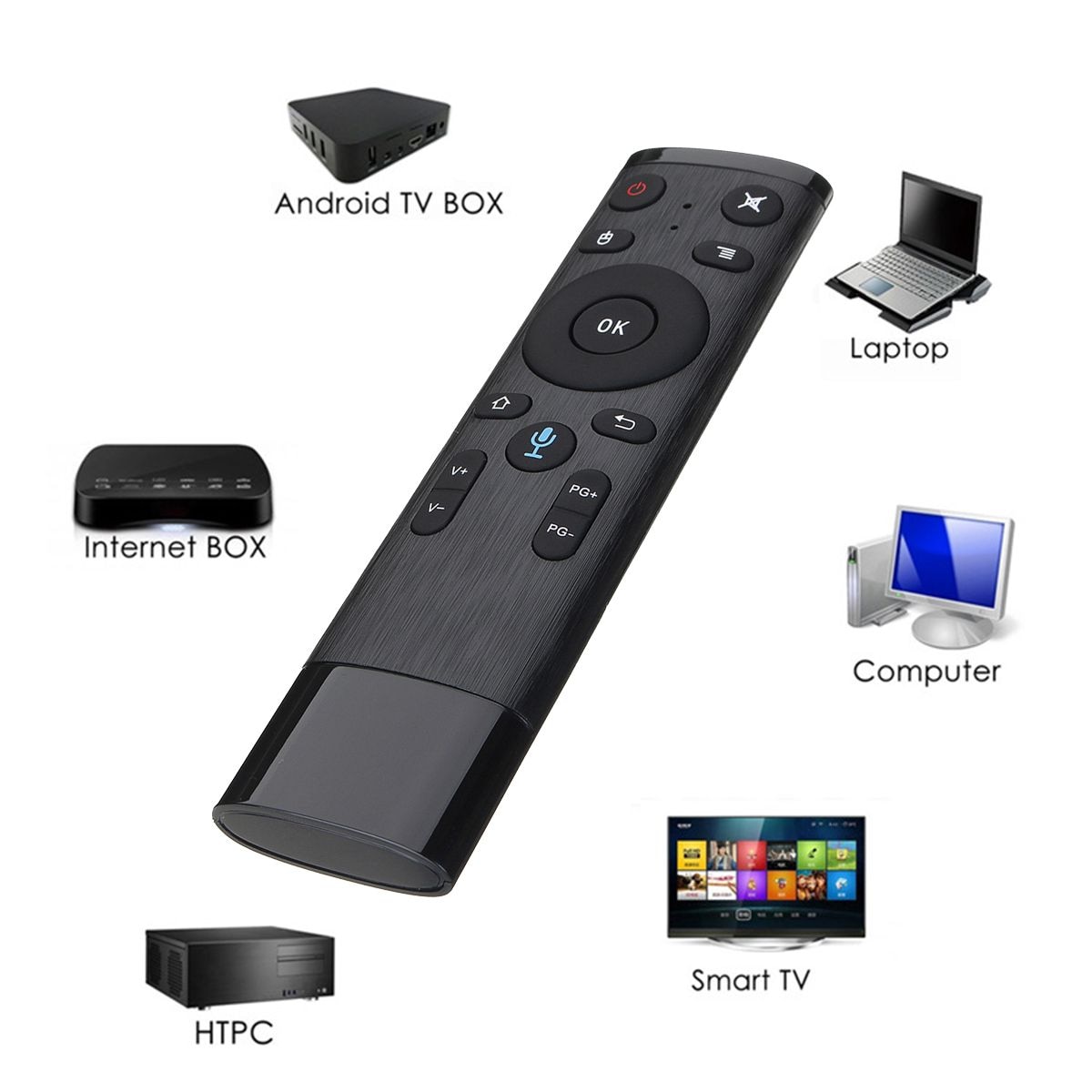 Q5 spraakgestuurde fly air mouse voor gyrosensorspel ,2.4 ghz draadloze microfoonafstandsbediening voor android tv-box, pc